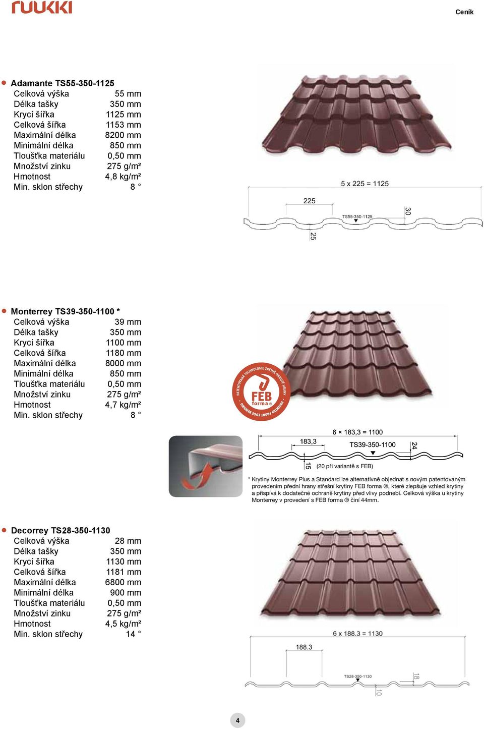 sklon střechy 8 PATENTOVANÁ TECHNOLOGIE ZPĚTNĚ OHNUTÉ HRANY (20 při variantě s FEB) * Krytiny Monterrey Plus a Standard lze alternativně objednat s novým patentovaným provedením přední hrany střešní