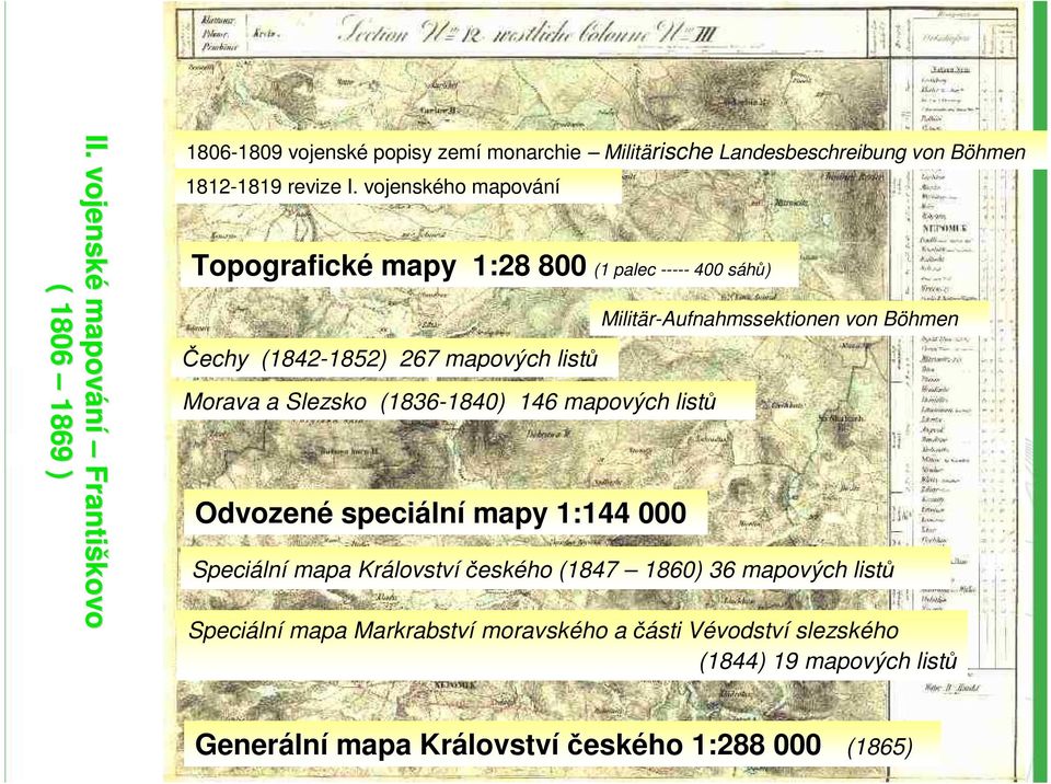 mapových listů Odvozené speciáln lní mapy 1:144 000 Militär-Aufnahmssektionen von Böhmen Speciální mapa Království českého (1847 1860) 36 mapových