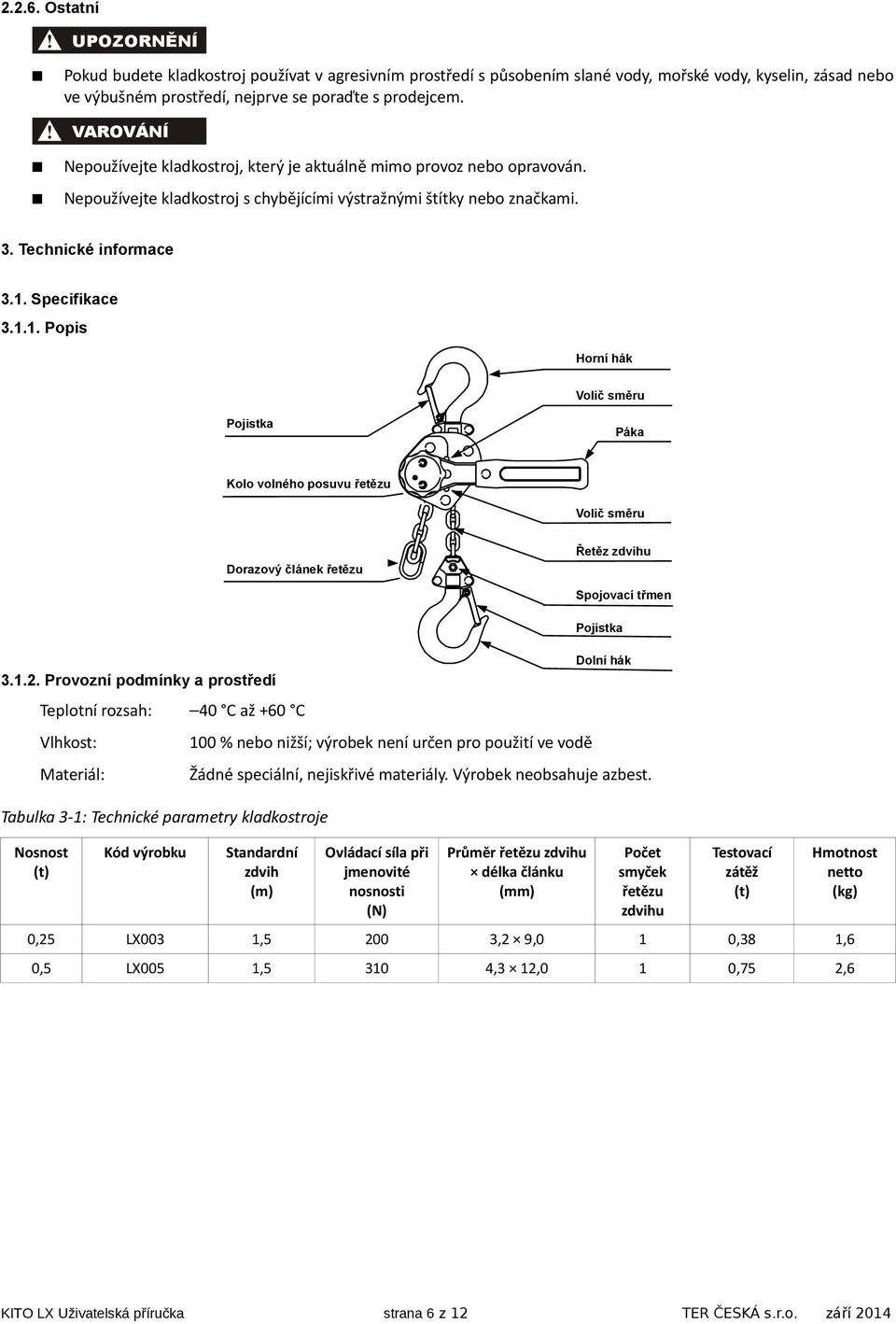 Specifikace 3.1.1. Popis Horní hák Volič směru Pojistka Páka Kolo volného posuvu řetězu Volič směru Dorazový článek řetězu Řetěz zdvihu 3.1.2.