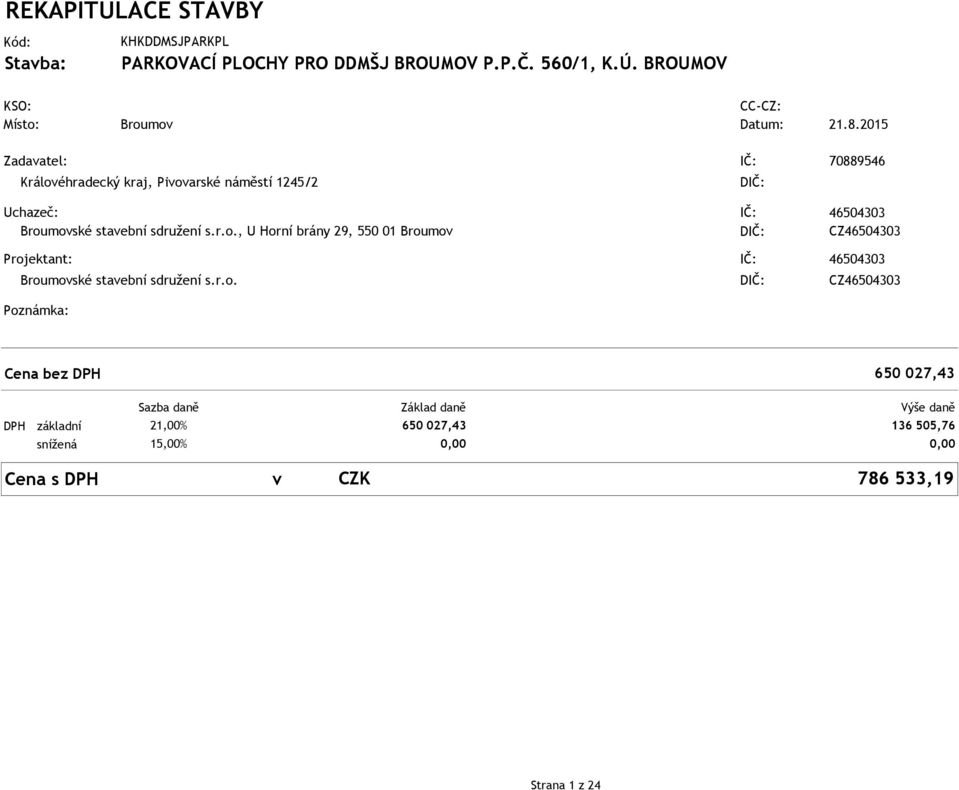 r.o. DIČ: CZ46504303 Poznámka: KHKDDMSJPARKPL PARKOVACÍ PLOCHY PRO DDMŠJ BROUMOV P.P.Č. 560/1, K.Ú.