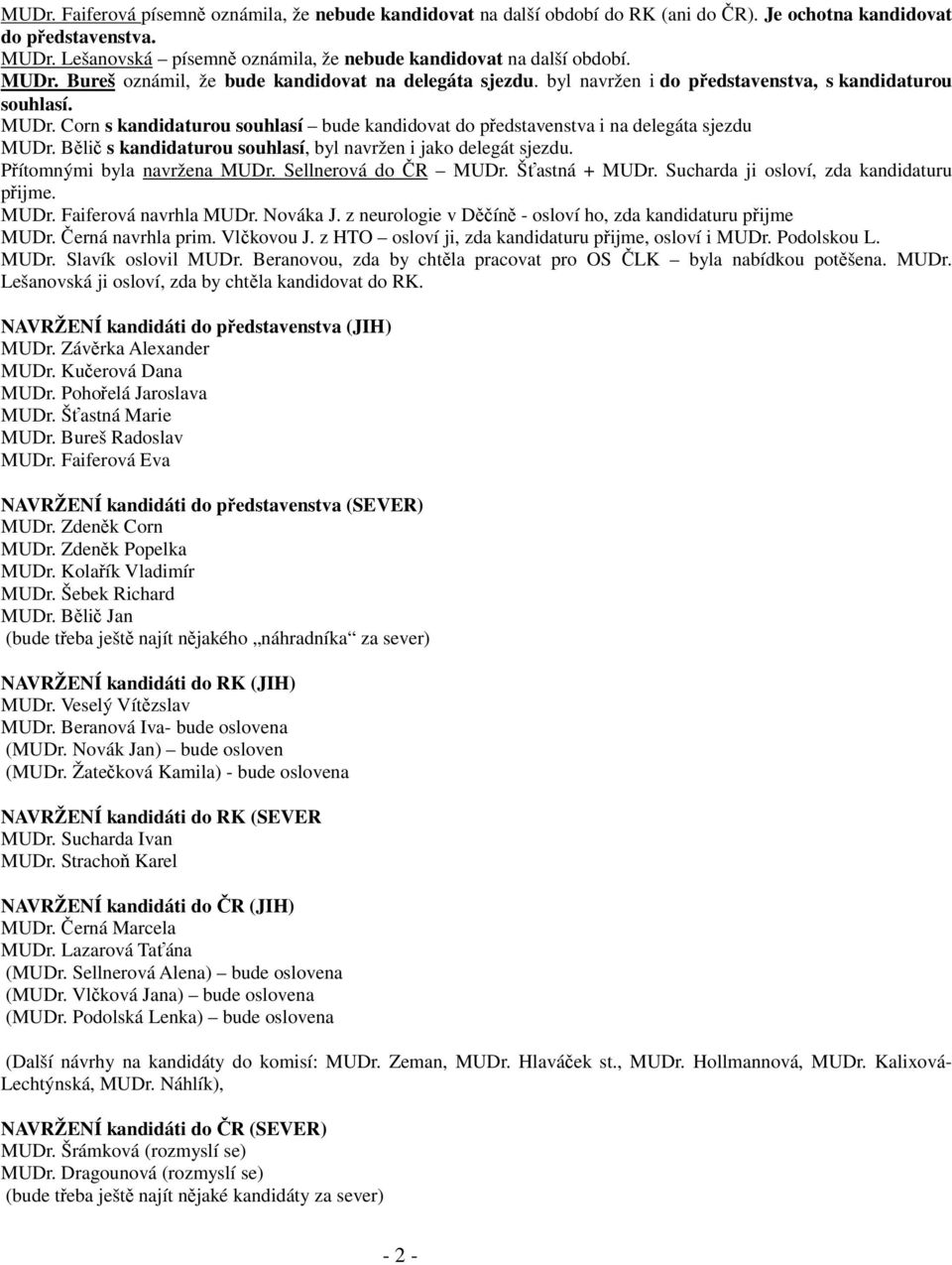Bělič s kandidaturou souhlasí, byl navržen i jako delegát sjezdu. Přítomnými byla navržena MUDr. Sellnerová do ČR MUDr. Šťastná + MUDr. Sucharda ji osloví, zda kandidaturu přijme. MUDr. Faiferová navrhla MUDr.