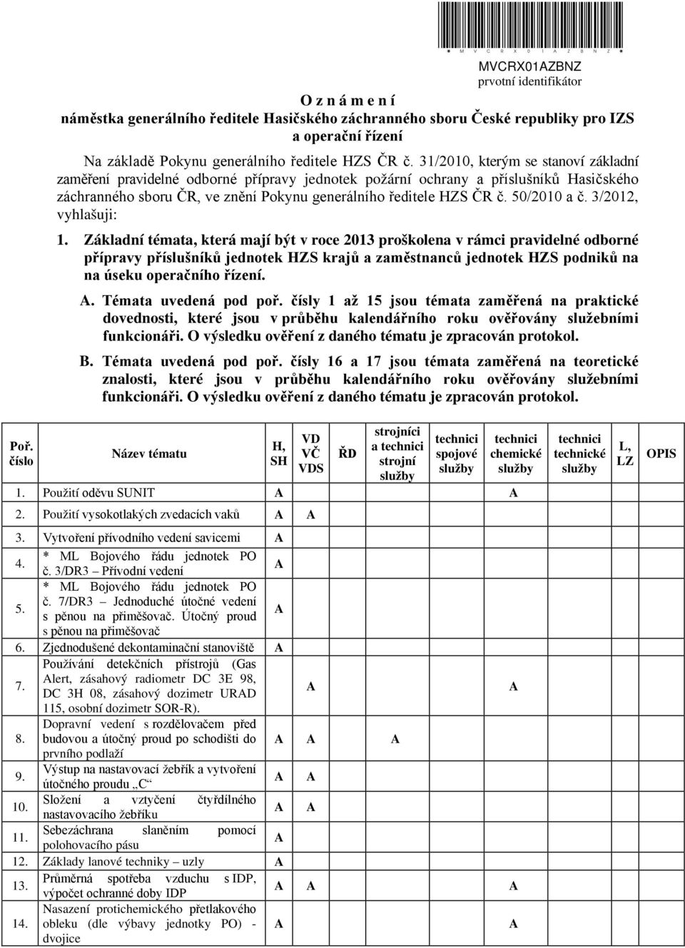 31/2010, kterým se stanoví základní zaměření pravidelné odborné přípravy jednotek požární ochrany a příslušníků Hasičského záchranného sboru ČR, ve znění Pokynu generálního  50/2010 a č.