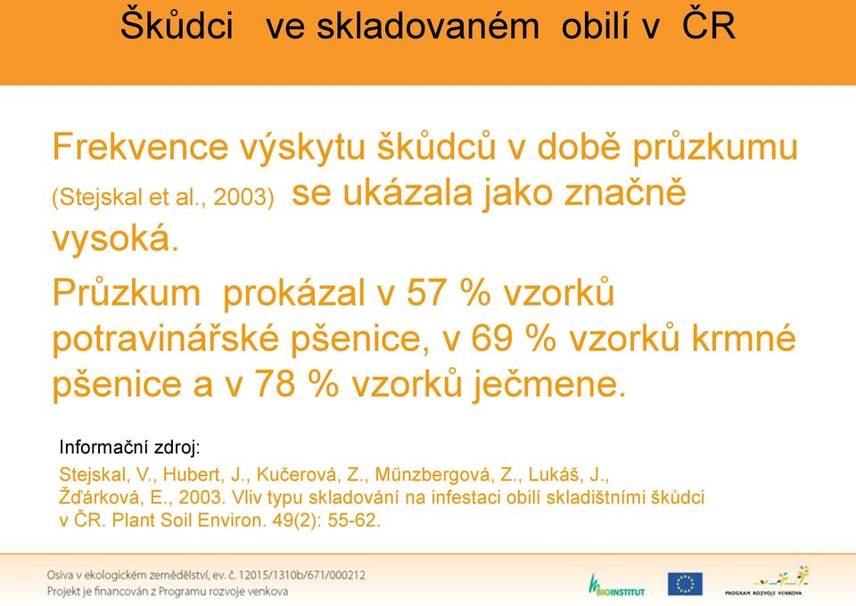 Průzkum prokázal v 57 % vzorků potravinářské pšenice, v 69 % vzorků krmné pšenice a v 78 % vzorků ječmene.