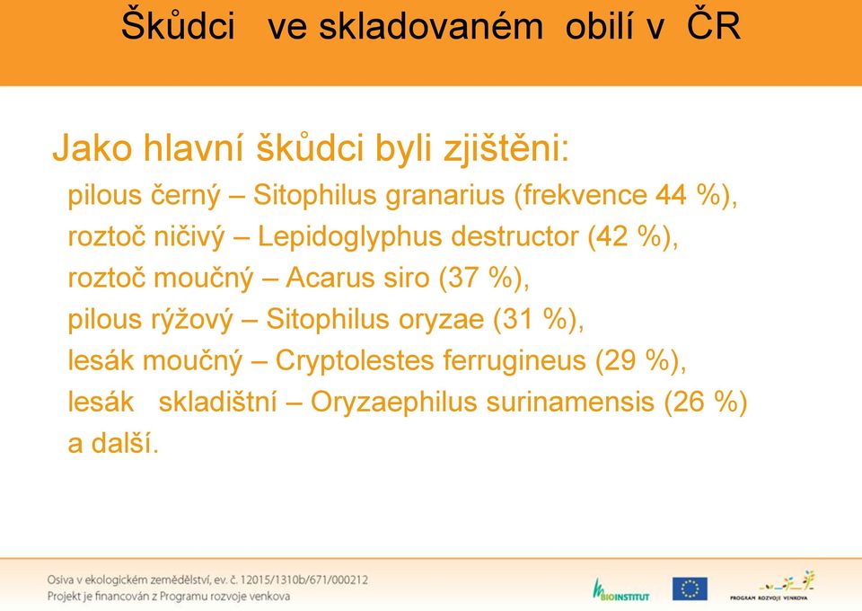 roztoč moučný Acarus siro (37 %), pilous rýžový Sitophilus oryzae (31 %), lesák