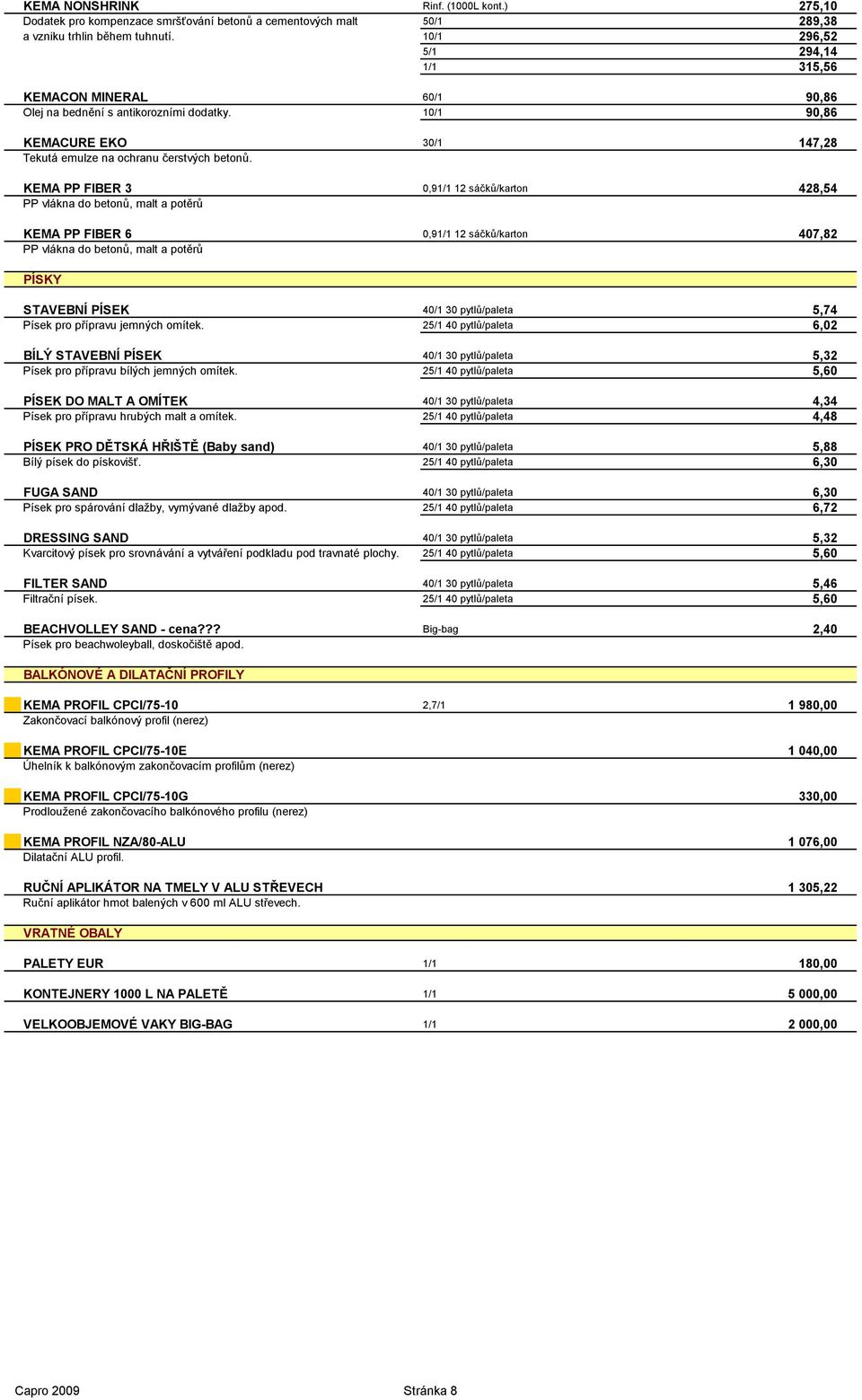 KEMA PP FIBER 3 0,91/1 12 sáčků/karton 428,54 PP vlákna do betonů, malt a potěrů KEMA PP FIBER 6 0,91/1 12 sáčků/karton 407,82 PP vlákna do betonů, malt a potěrů PÍSKY STAVEBNÍ PÍSEK 40/1 30