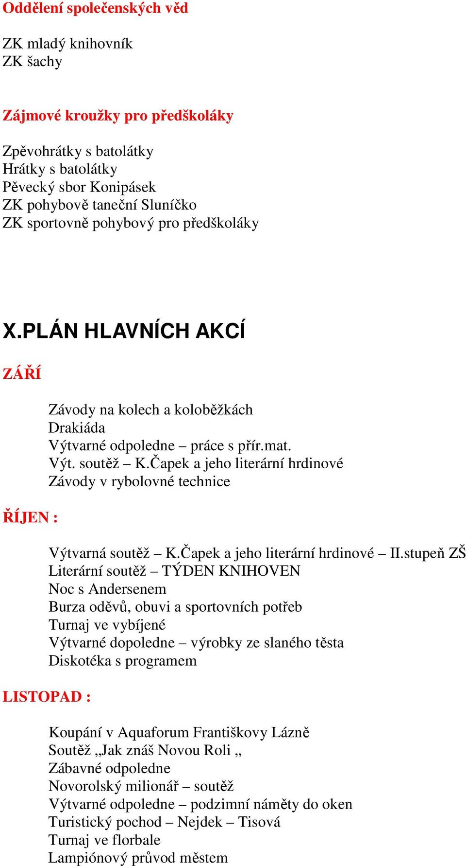 Čapek a jeho literární hrdinové Závody v rybolovné technice Výtvarná soutěž K.Čapek a jeho literární hrdinové II.