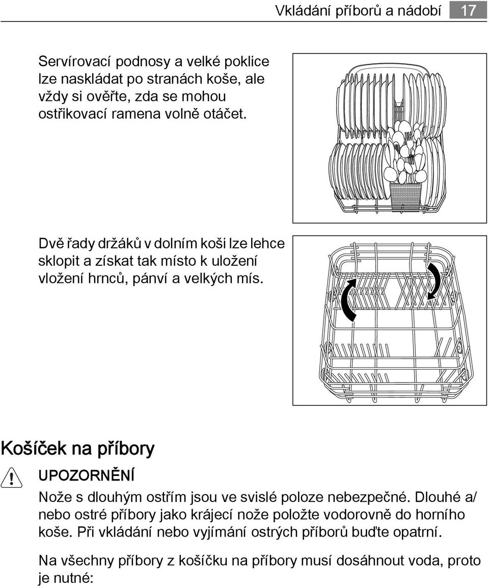 Košíček na příbory UPOZORNĚNÍ Nože s dlouhým ostřím jsou ve svislé poloze nebezpečné.