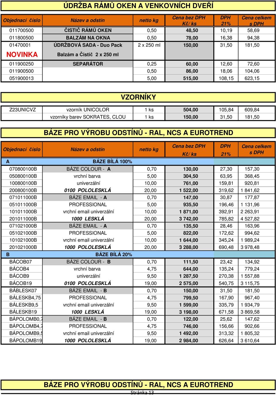 105,84 609,84 Objednací číslo vzorníky barev SOKRATES, CLOU 1 ks 150,00 31,50 181,50 BÁZE PRO VÝROBU ODSTÍNŮ - RAL, NCS A EUROTREND Název a odstín A BÁZE BÍLÁ 100% VZORNÍKY netto kg Cena bez