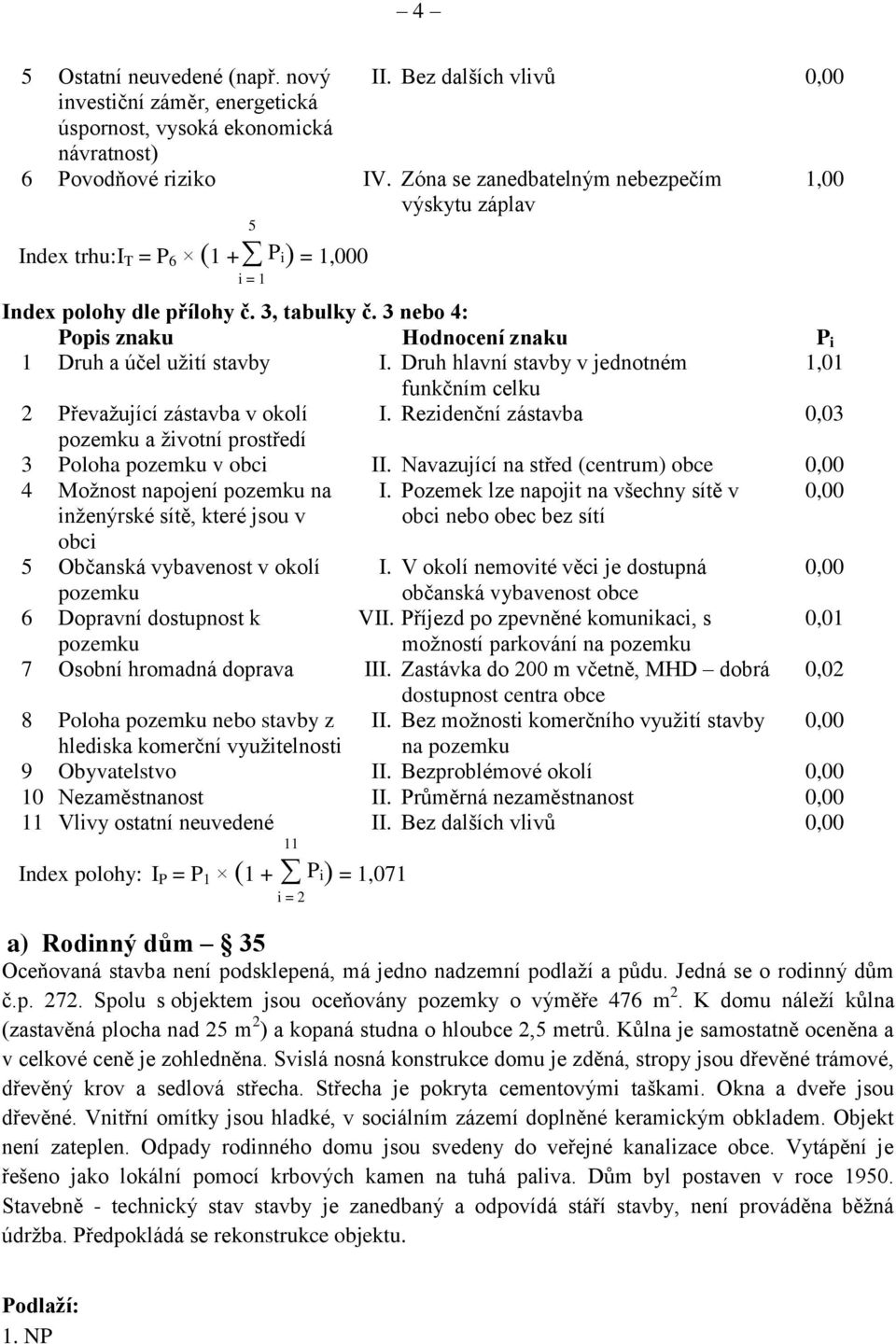 3 nebo 4: Popis znaku Hodnocení znaku P i 1 Druh a účel užití stavby I. Druh hlavní stavby v jednotném 1,01 funkčním celku 2 Převažující zástavba v okolí I.