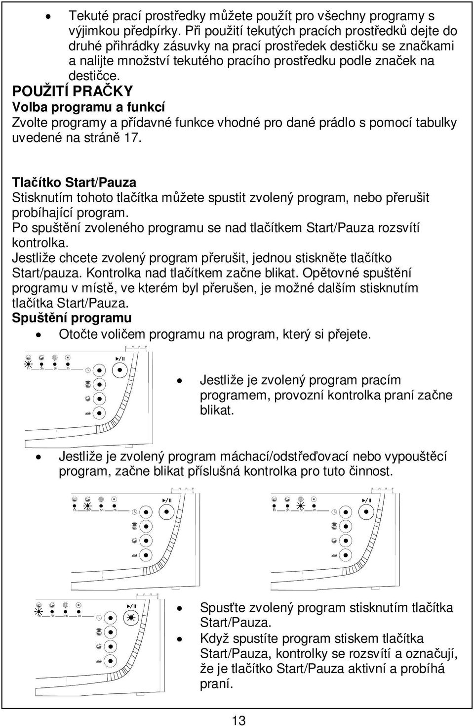 POUŽITÍ PRAKY Volba programu a funkcí Zvolte programy a pídavné funkce vhodné pro dané prádlo s pomocí tabulky uvedené na strán 17.