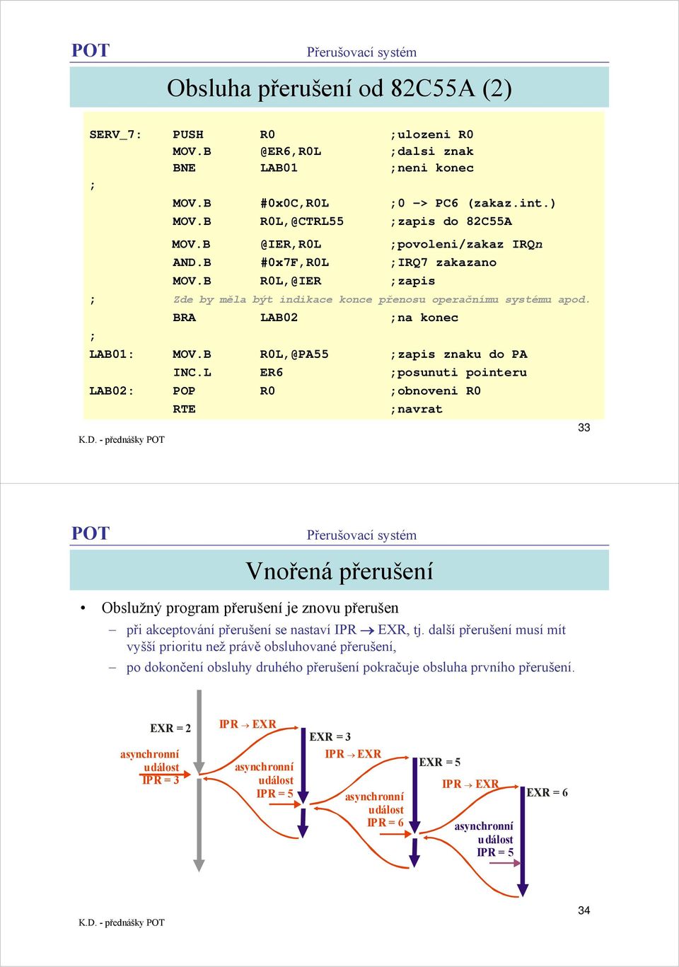 B R0L,@PA55 ;zapis znaku do PA INC.L ER6 ;posunuti pointeru LAB02: POP R0 ;obnoveni R0 RTE ;navrat 33 Vnořená Obslužný program je znovu přerušen při akceptování se nastaví IPR EXR, tj.