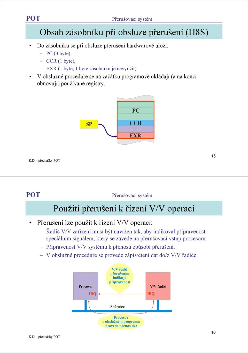 PC SP CCR - - - EXR 15 Použití k řízení V/V operací Přerušení lze použít k řízení V/V operací: Řadič V/V zařízení musí být navržen tak, aby indikoval připravenost speciálním