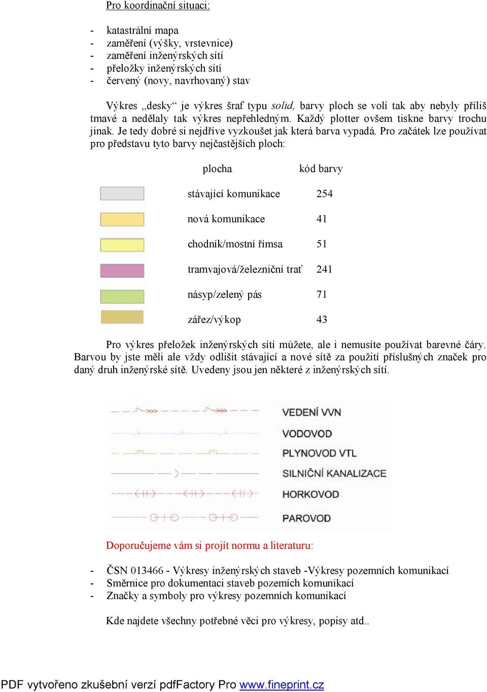 Pro začátek lze používat pro představu tyto barvy nejčastějších ploch: plocha kód barvy stávající komunikace 254 nová komunikace 41 chodník/mostní římsa 51 tramvajová/železniční trať 241 násyp/zelený