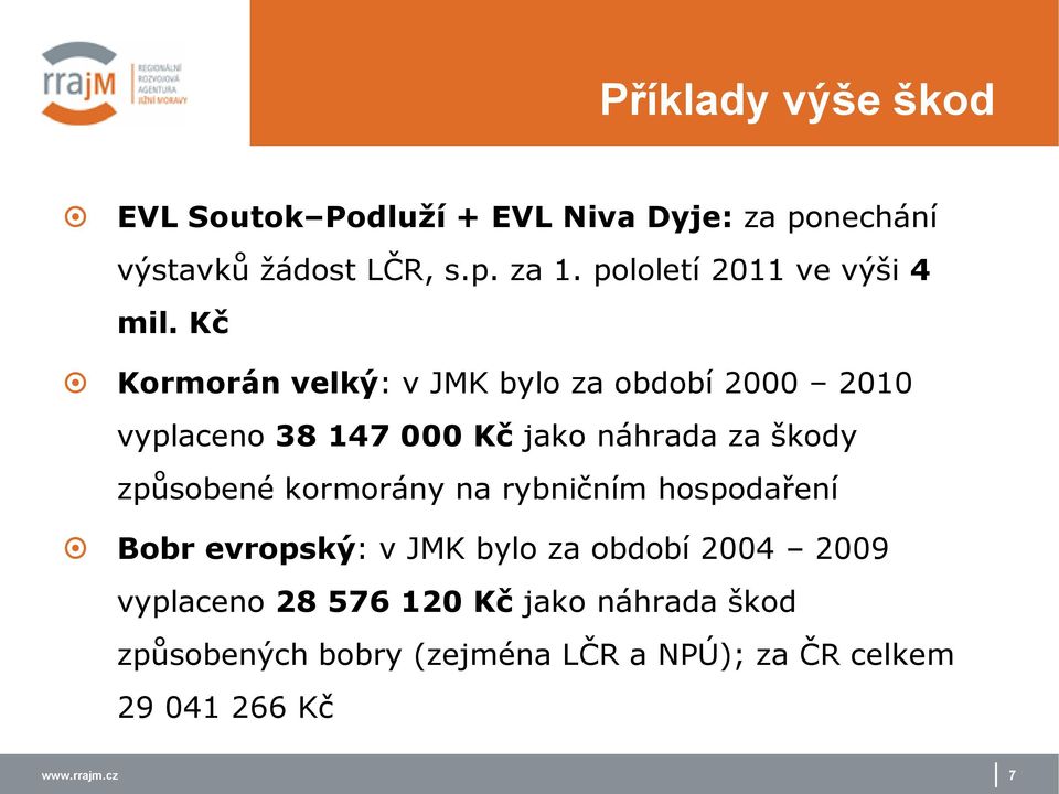 Kč Kormorán velký: v JMK bylo za období 2000 2010 vyplaceno 38 147 000 Kč jako náhrada za škody způsobené