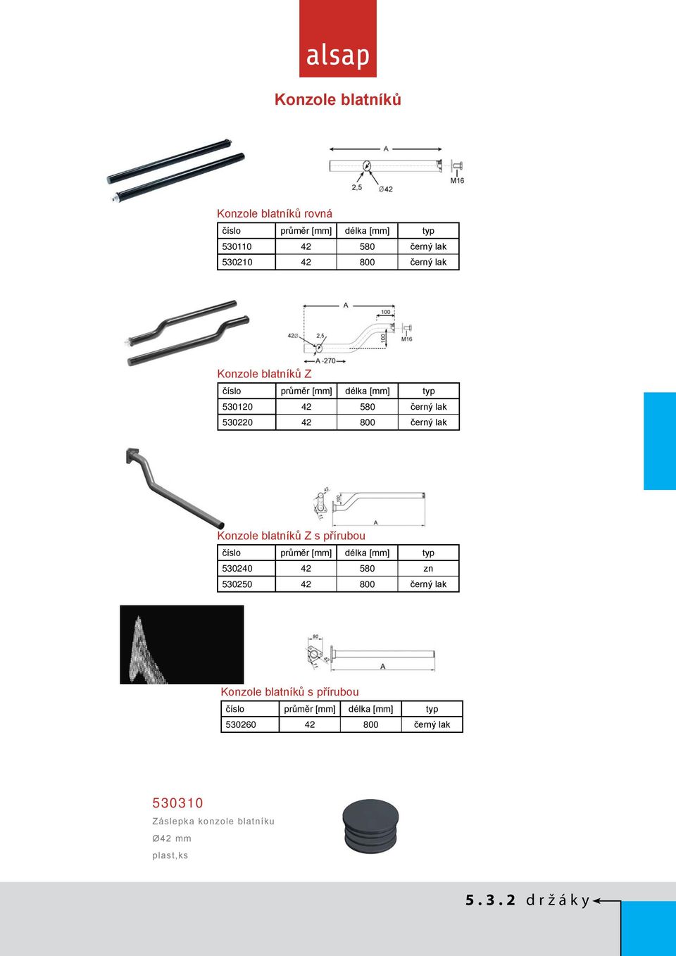 blatníků Z s přírubou číslo průměr [mm] délka [mm] typ 530240 42 580 zn 530250 42 800 černý lak Konzole blatníků s
