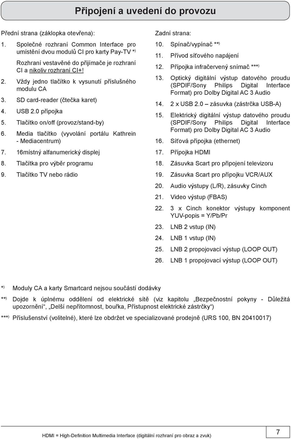 Media tlačítko (vyvolání portálu Kathrein - Mediacentrum) 7. 16místný alfanumerický displej 8. Tlačítka pro výběr programu 9. Tlačítko TV nebo rádio Zadní strana: 10. Spínač/vypínač ** ) 11.