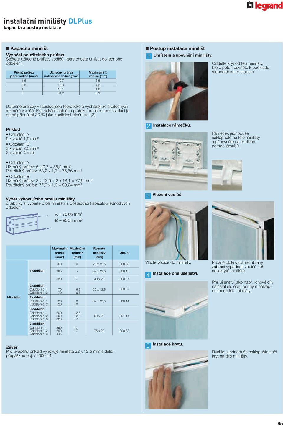 minilišty. 1 Oddělte kryt od těla minilišty, které poté upevněte k podkladu standardním postupem. Užitečné průřezy v tabulce jsou teoretické a vycházejí ze skutečných rozměrů vodičů.