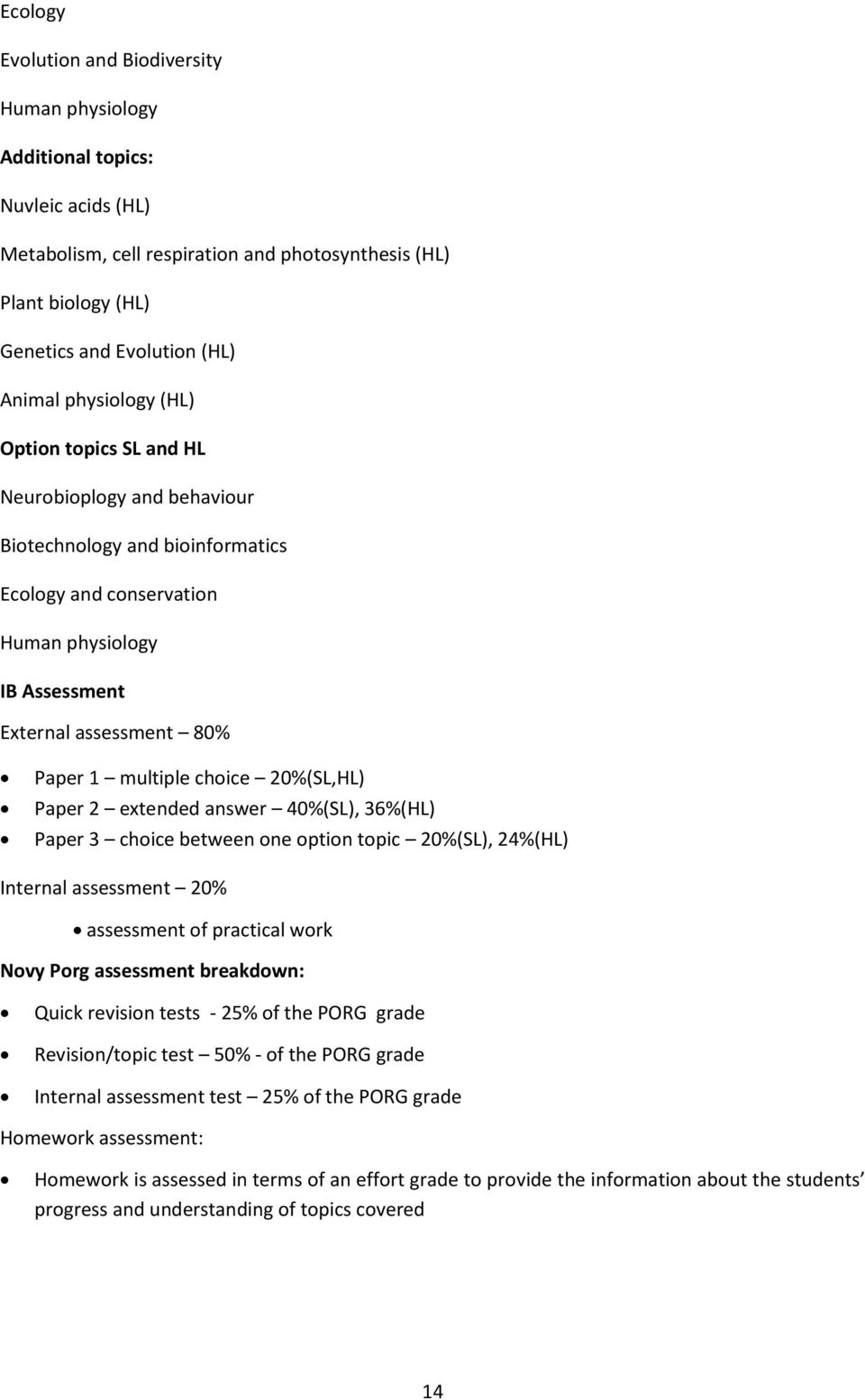 choice 20%(SL,HL) Paper 2 extended answer 40%(SL), 36%(HL) Paper 3 choice between one option topic 20%(SL), 24%(HL) Internal assessment 20% assessment of practical work Novy Porg assessment