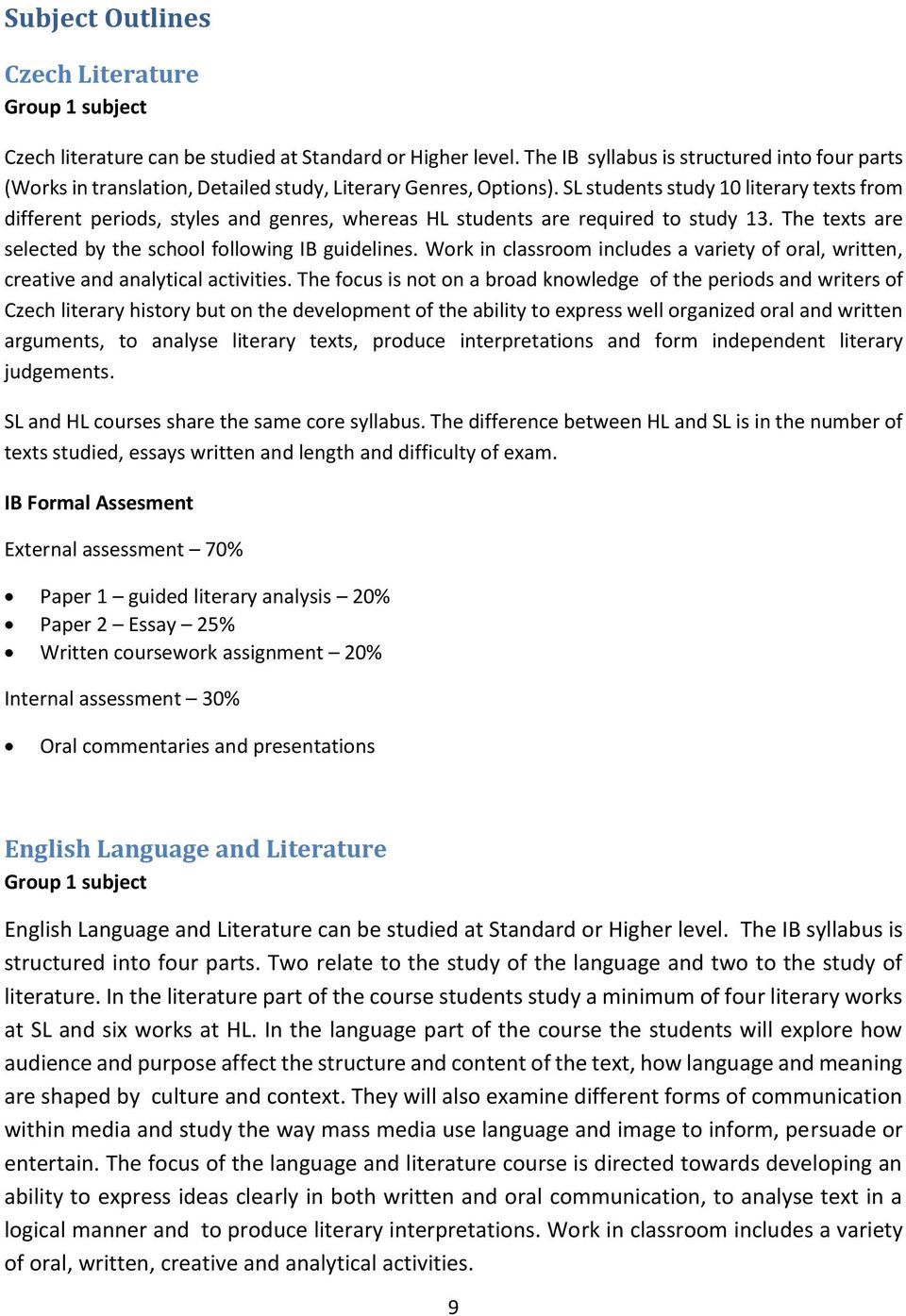 SL students study 10 literary texts from different periods, styles and genres, whereas HL students are required to study 13. The texts are selected by the school following IB guidelines.