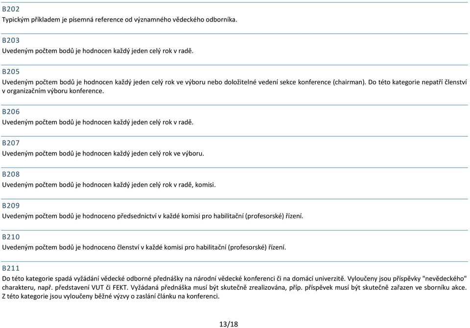 B206 Uvedeným počtem bodů je hodnocen každý jeden celý rok v radě. B207 Uvedeným počtem bodů je hodnocen každý jeden celý rok ve výboru.