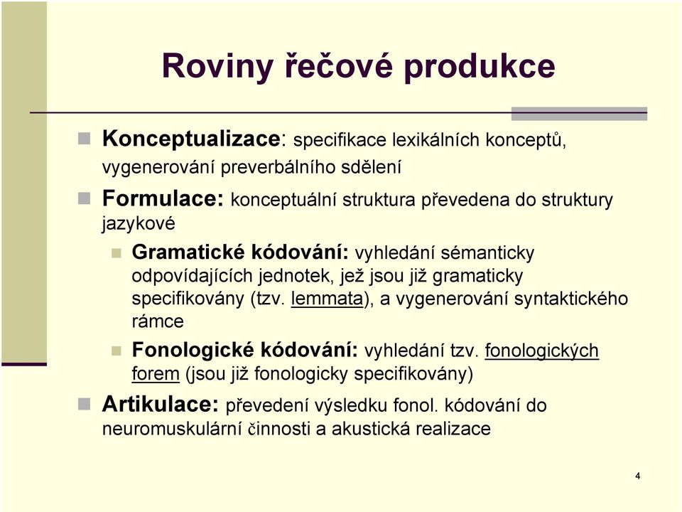 již gramaticky specifikovány (tzv. lemmata), a vygenerování syntaktického rámce Fonologické kódování: vyhledání tzv.