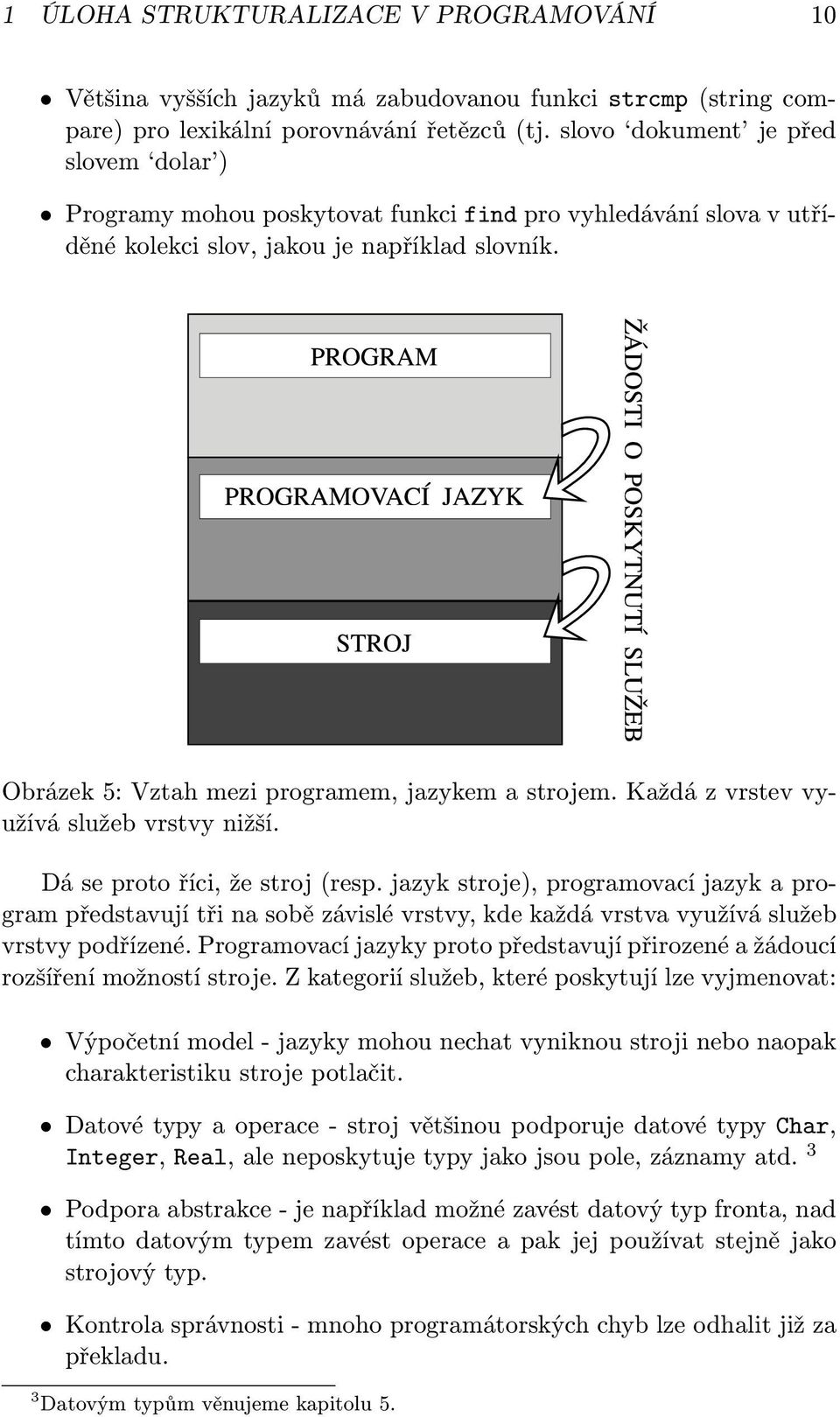 Obrázek 5: Vztah mezi programem, jazykem a strojem. Každá z vrstev využívá služeb vrstvy nižší. Dá se proto říci, že stroj (resp.