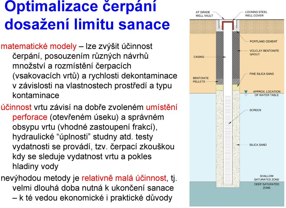 (otevřeném úseku) a správném obsypu vrtu (vhodné zastoupení frakcí), hydraulické úplnosti studny atd. testy vydatnosti se provádí, tzv.