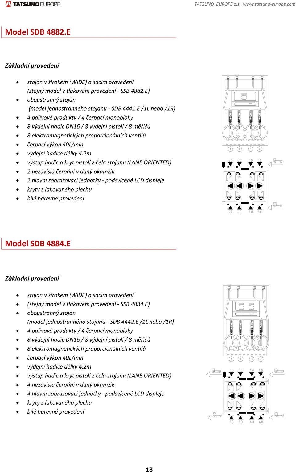 E /1L nebo /1R) 4 palivové produkty / 4 čerpací monobloky 8 výdejní hadic DN16 / 8 výdejní pistolí / 8 měřičů 8 elektromagnetických proporcionálních ventilů čerpací výkon 40L/min výdejní hadice délky