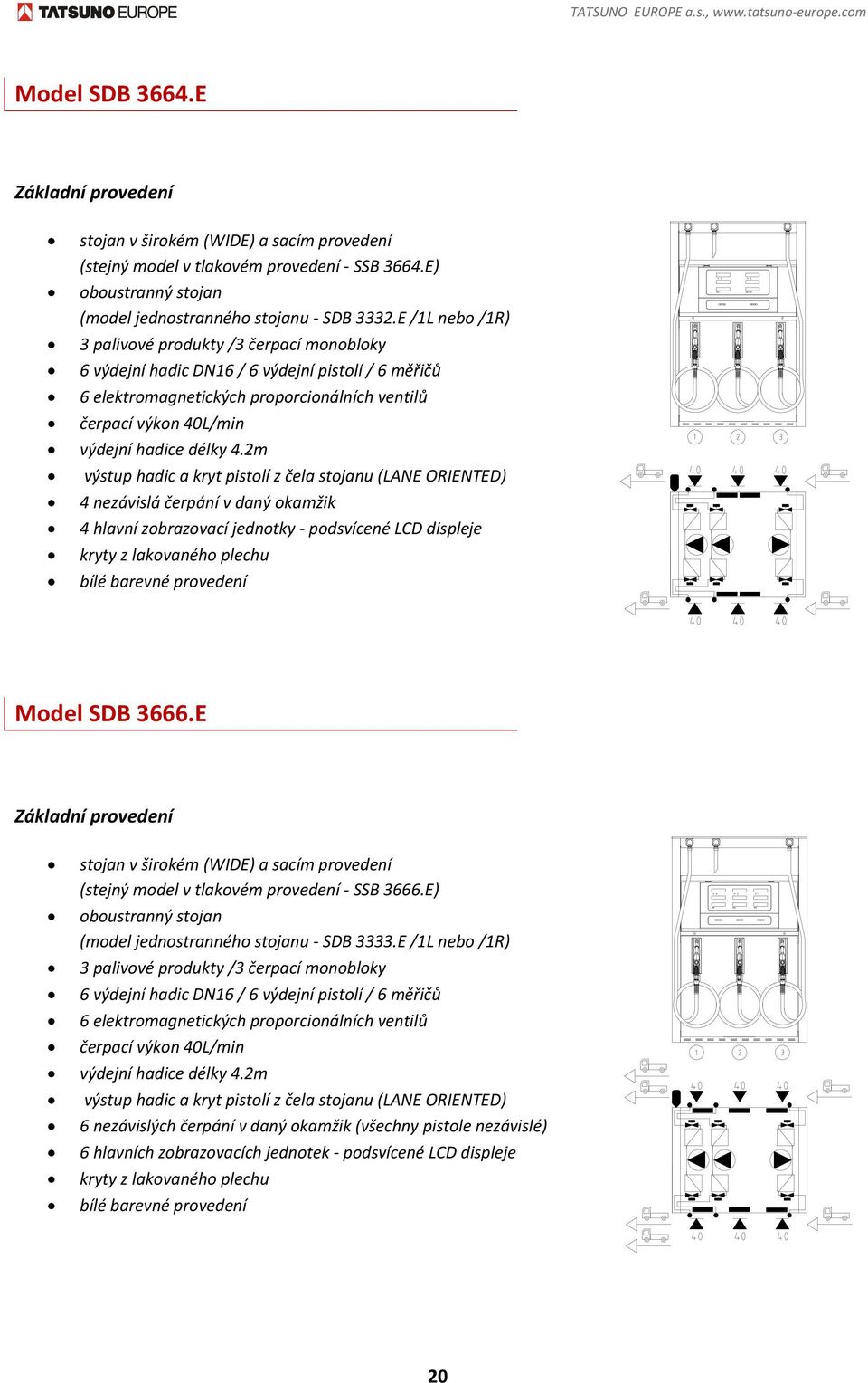 E /1L nebo /1R) 3 palivové produkty /3 čerpací monobloky 6 výdejní hadic DN16 / 6 výdejní pistolí / 6 měřičů 6 elektromagnetických proporcionálních ventilů čerpací výkon 40L/min výdejní hadice délky