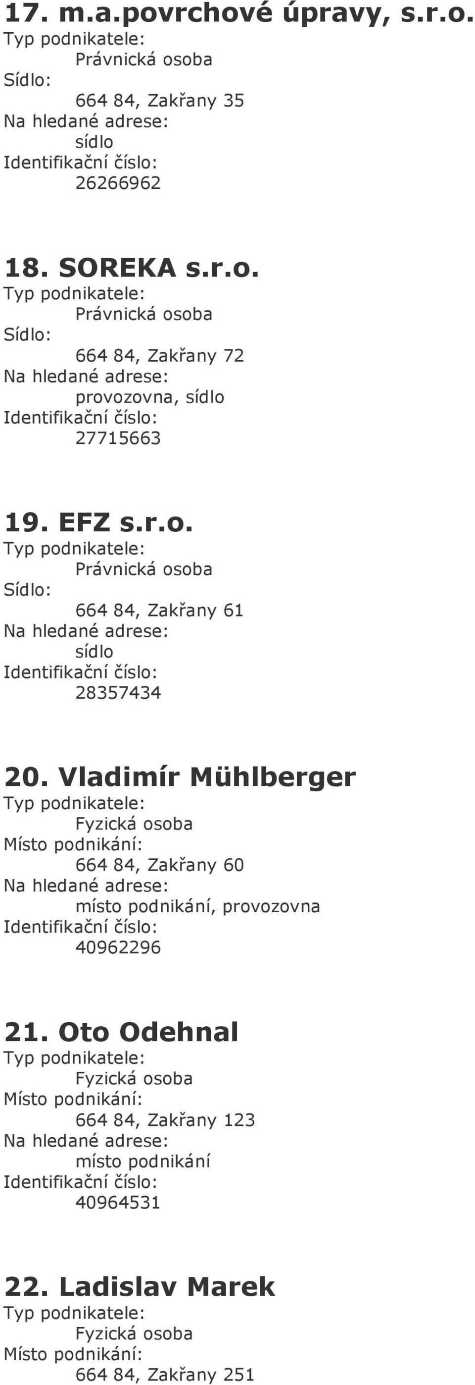 Vladimír Mühlberger 664 84, Zakřany 60, provozovna 40962296 21.