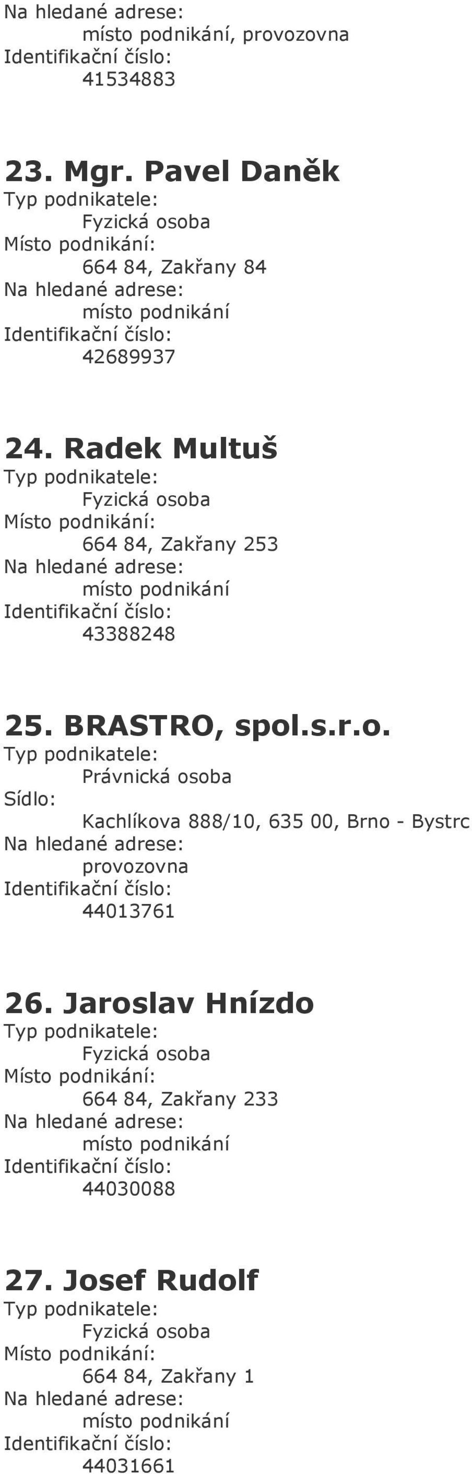 .s.r.o. Kachlíkova 888/10, 635 00, Brno - Bystrc provozovna 44013761 26.