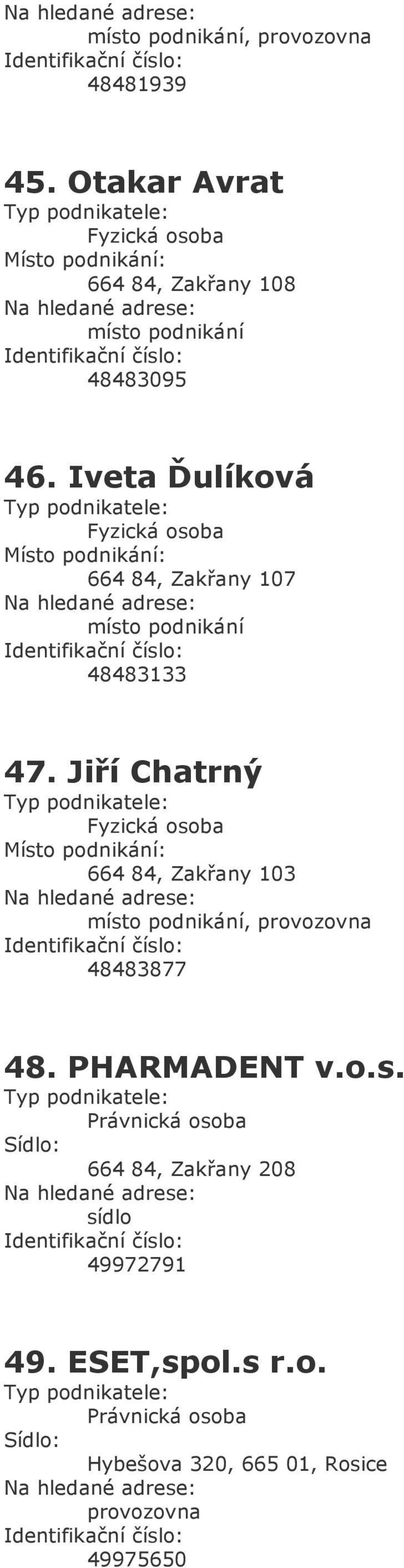 Jiří Chatrný 664 84, Zakřany 103, provozovna 48483877 48. PHARMADENT v.o.s.