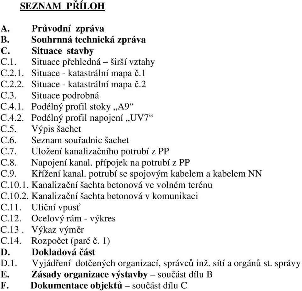 přípojek na potrubí z PP C.9. Křížení kanal. potrubí se spojovým kabelem a kabelem NN C.10.1. Kanalizační šachta betonová ve volném terénu C.10.2. Kanalizační šachta betonová v komunikaci C.11.