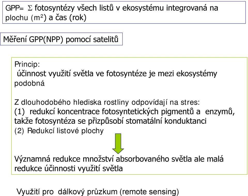 redukcí koncentrace fotosyntetických pigmentů a enzymů, takže fotosyntéza se přizpůsobí stomatální konduktanci (2) Redukcí listové