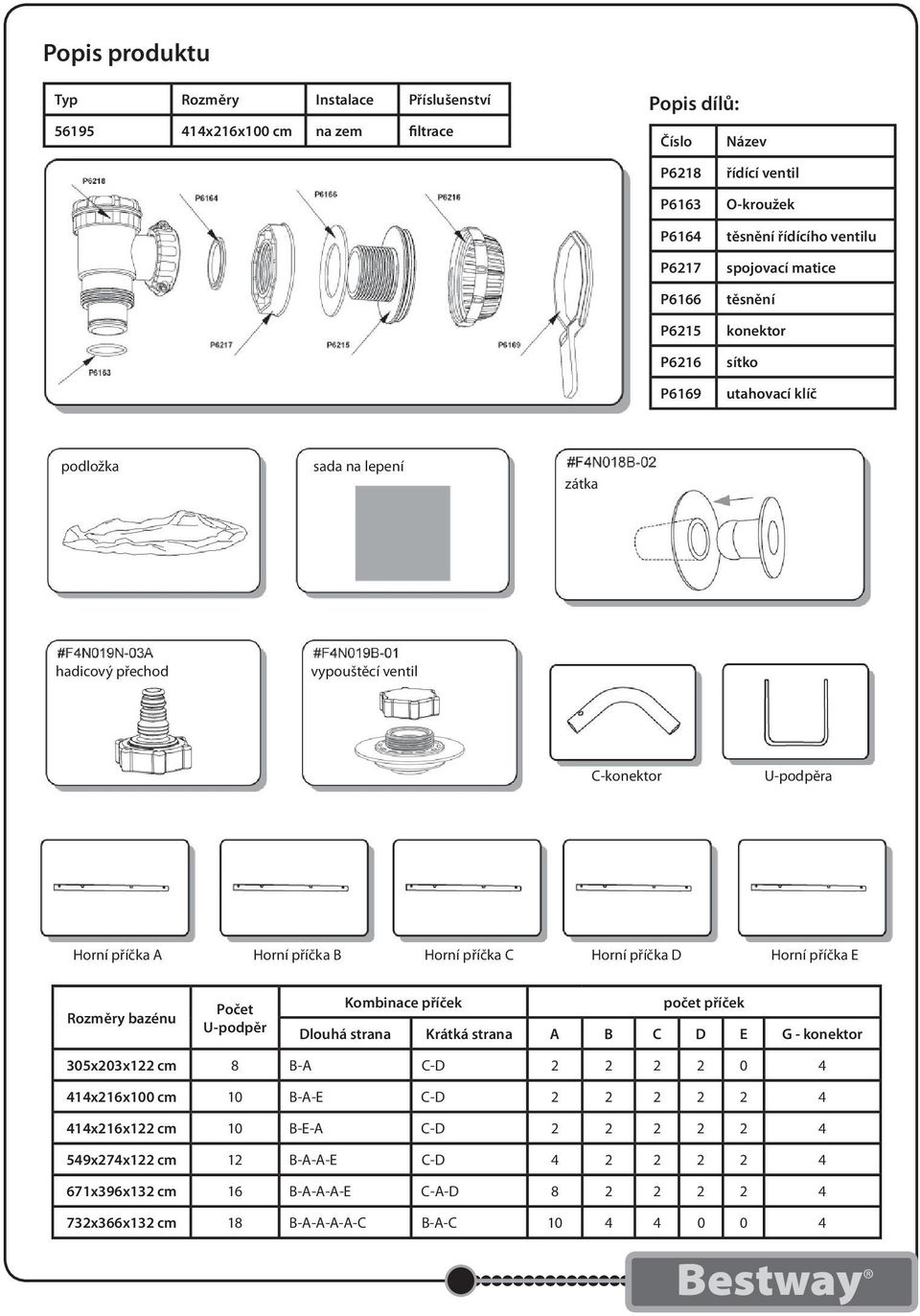 příčka C Horní příčka D Horní příčka E Rozměry bazénu Počet U-podpěr Kombinace příček počet příček Dlouhá strana Krátká strana A B C D E G - konektor 305x203x122 cm 8 B-A C-D 2 2 2 2 0 4 414x216x100