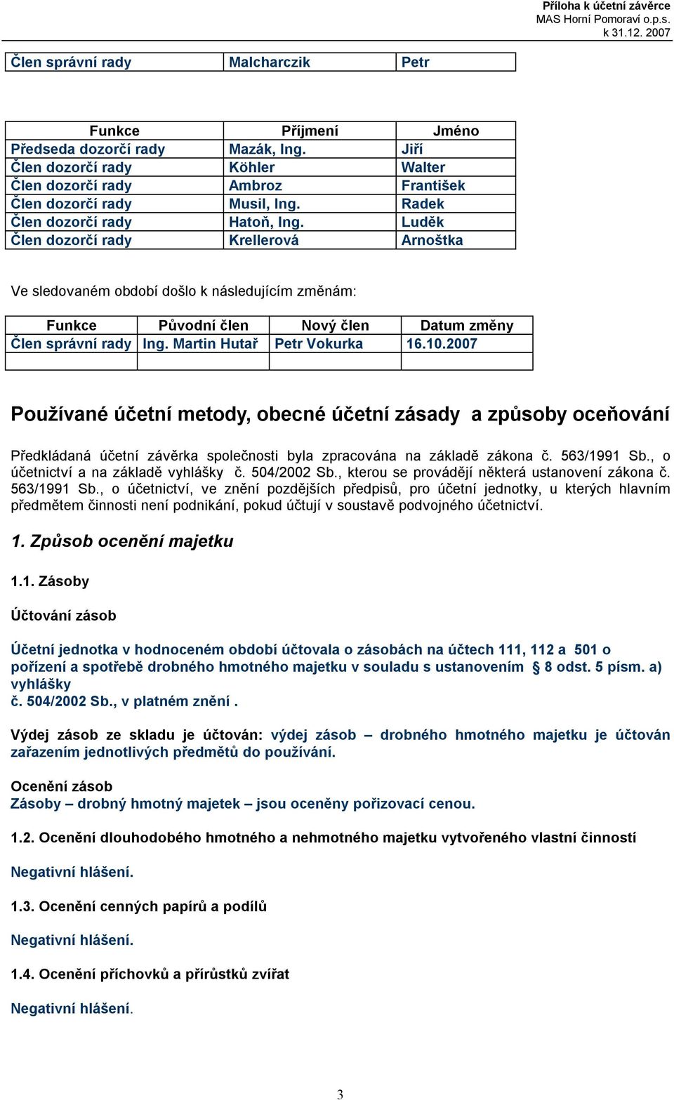 Martin Hutař Petr Vokurka 16.10.2007 Používané účetní metody, obecné účetní zásady a způsoby oceňování Předkládaná účetní závěrka společnosti byla zpracována na základě zákona č. 563/1991 Sb.