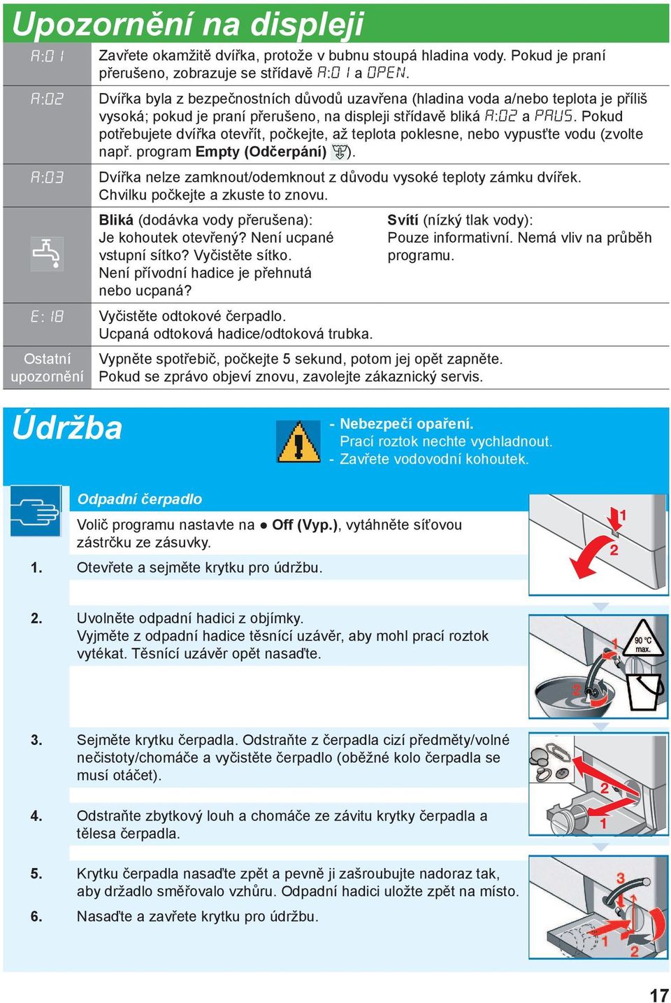 Pokud potřebujete dvířka otevřít, počkejte, až teplota poklesne, nebo vypusťte vodu (zvolte např. program Empty (Odčerpání) ).