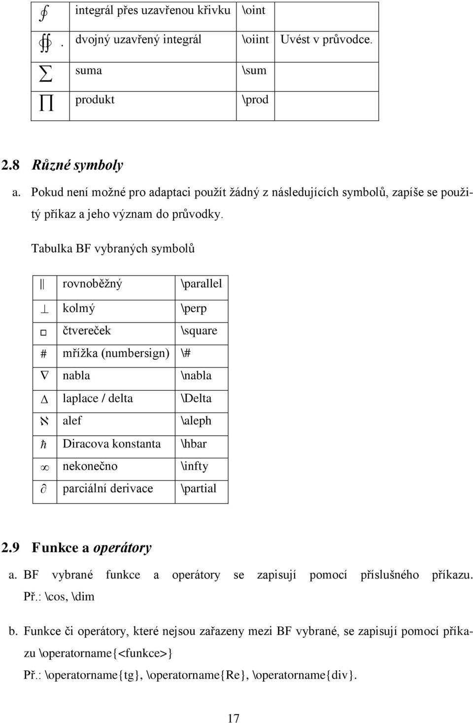 Tabulka BF vybraných symbolů rovnoběžný \parallel kolmý \perp čtvereček \square # mřížka (numbersign) \# nabla \nabla laplace / delta \Delta alef \aleph Diracova konstanta \hbar nekonečno