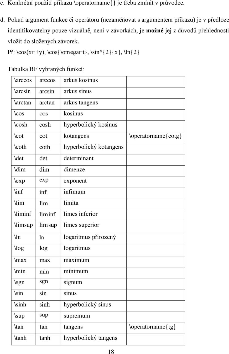 Př: \cos(x +y), \cos{\omega t}, \sin^{2}{x}, \ln{2} Tabulka BF vybraných funkcí: \arccos arccos arkus kosinus \arcsin arcsin arkus sinus \arctan arctan arkus tangens \cos cos kosinus \cosh cosh