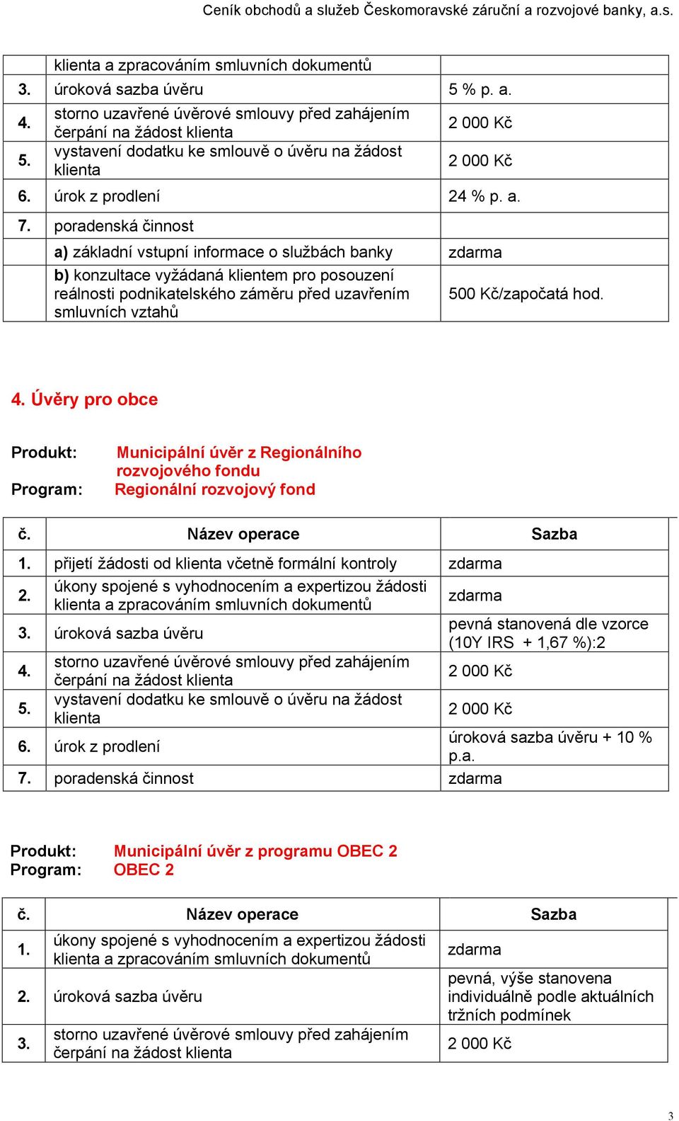 smluvních vztahů Úvěry pro obce Municipální úvěr z Regionálního rozvojového fondu Regionální rozvojový fond přijetí žádosti od včetně formální kontroly a zpracováním smluvních dokumentů 3.