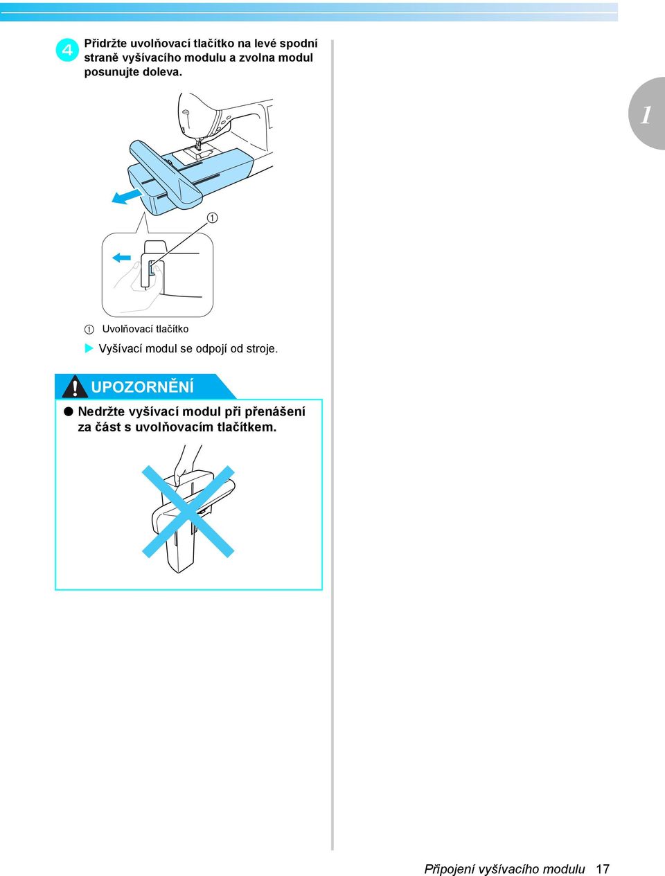 Uvolňovcí tlčítko Vyšívcí modul se odpojí od stroje.