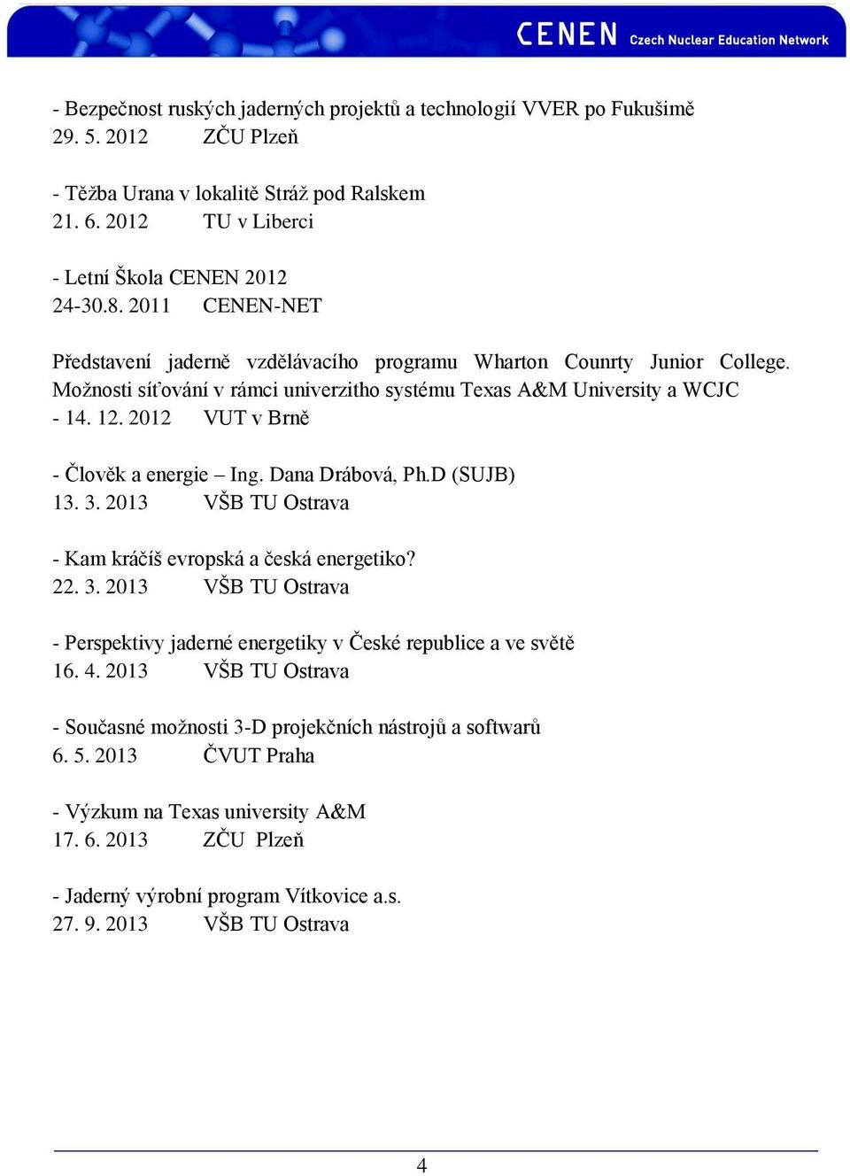2012 VUT v Brně - Člověk a energie Ing. Dana Drábová, Ph.D (SUJB) 13. 3. 2013 VŠB TU Ostrava - Kam kráčíš evropská a česká energetiko? 22. 3. 2013 VŠB TU Ostrava - Perspektivy jaderné energetiky v České republice a ve světě 16.