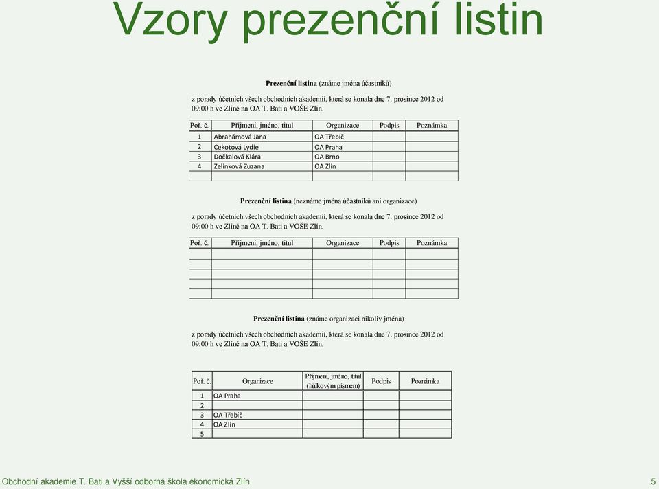 účastníků ani organizace) z porady účetních všech obchodních akademií, která se konala dne 7. prosince 2012 od 09:00 h ve Zlíně na OA T. Bati a VOŠE Zlín. Poř. č.