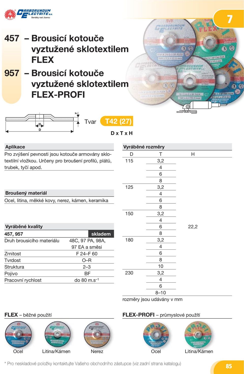 Broušený materiál Ocel, litina, měkké kovy, nerez, kámen, keramika Vyráběné kvality 457, 957 skladem Druh brousicího materiálu 48C, 97 PA, 98A, 97 EA a směsi Zrnitost F 24 F 60