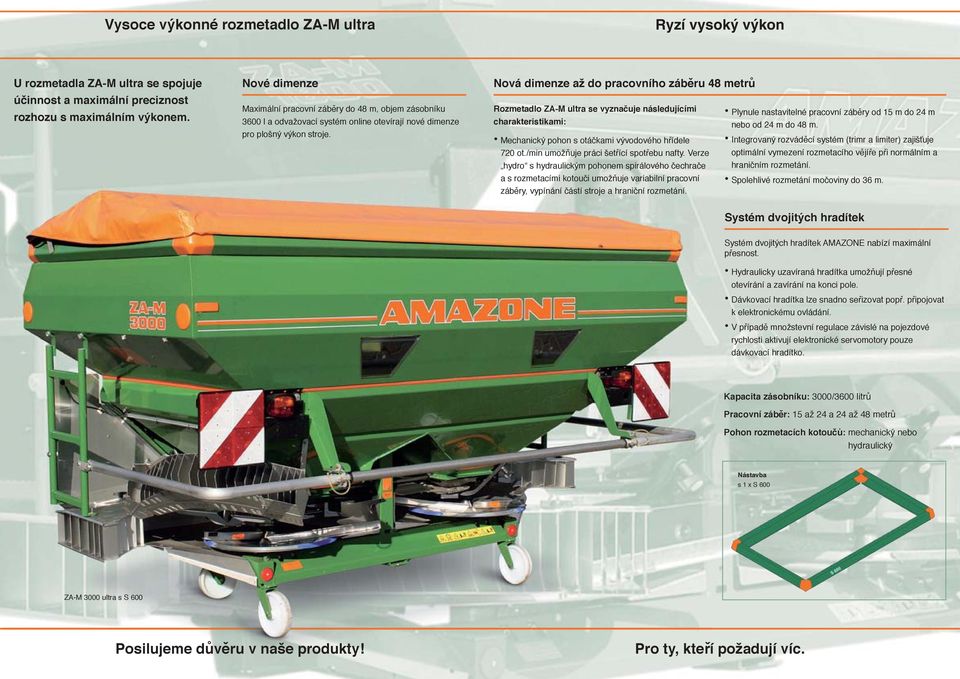 Nová dimenze až do pracovního záběru 48 metrů Rozmetadlo ZA-M ultra se vyznačuje následujícími charakteristikami: Mechanický pohon s otáčkami vývodového hřídele 720 ot.