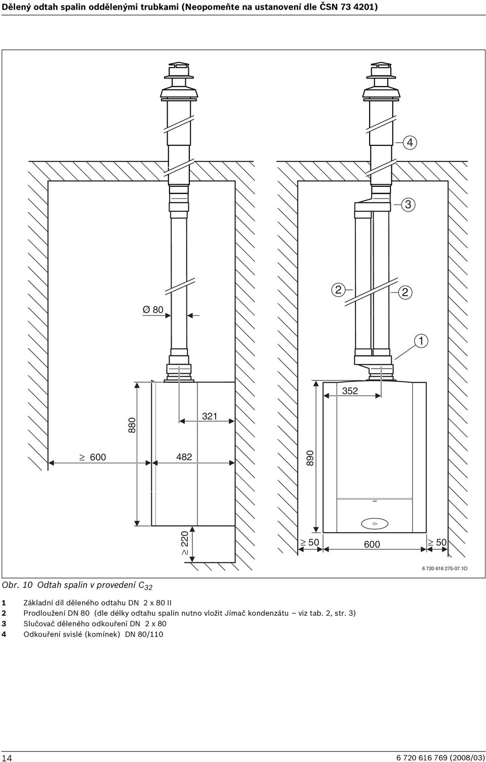 0 Odtah spalin v provedení C 3 Základní díl děleného odtahu DN x 80 II Prodloužení DN 80 (dle