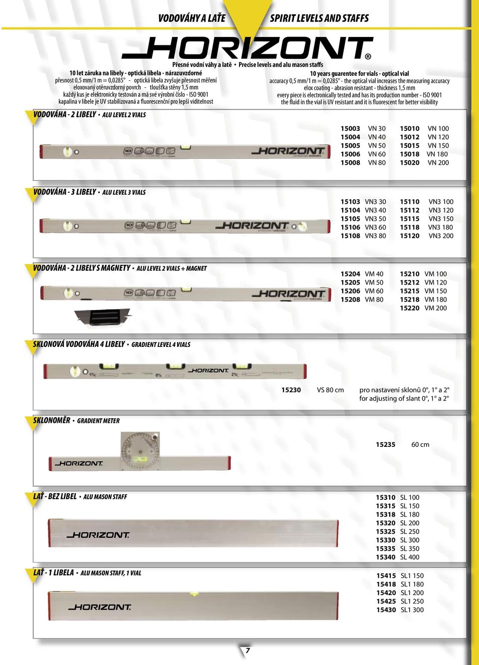 VIALS Přesné vodní váhy a latě Precise levels and alu mason staffs 10 years guarentee for vials - optical vial accuracy 0,5 mm/1 m = 0,0285 - the optical vial increases the measuring accuracy elox