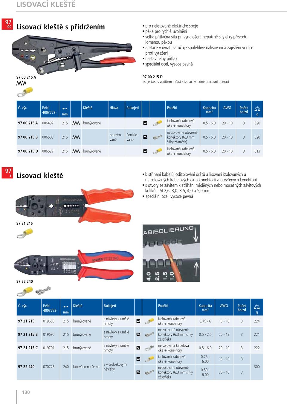 0064 215 brunýrované 00 215 b 006503 215 00 215 d 006527 215 brunýrované Kleště Hlava Rukojeti Použití Kapacita ² brunýrované Poniklováno izolovaná kabelová oka + konektory neizolované otevřené