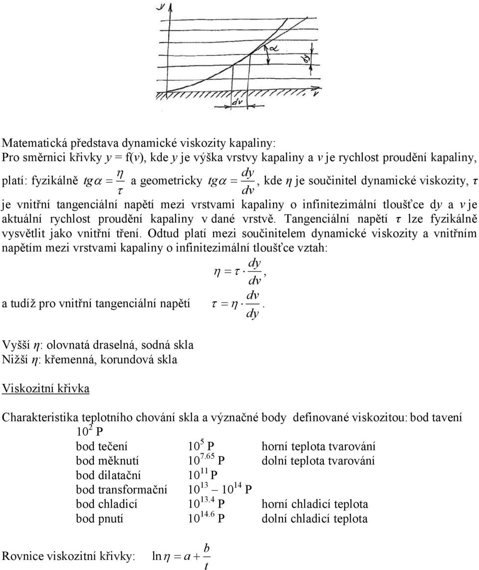 Odtud platí mezi součiitelem amiké iskozity a itřím apětím mezi rstami kapaliy o ifiitezimálí tloušťe ztah: a tudíž pro itří tageiálí apětí Vyšší η: oloatá draselá, sodá skla Nižší η: křemeá, korudoá