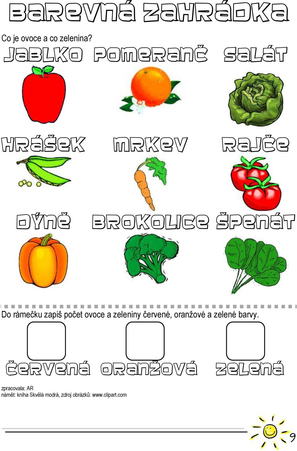 rámečku zapiš počet ovoce a zeleniny červené, oranžové a zelené barvy.